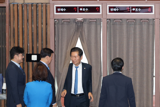 정청래 더불어민주당 최고위원이 지난달 6일 국회 본회의에서 이균용 대법원장 후보자 임명동의안을 투표한 뒤 나오고 있다. <연합뉴스>